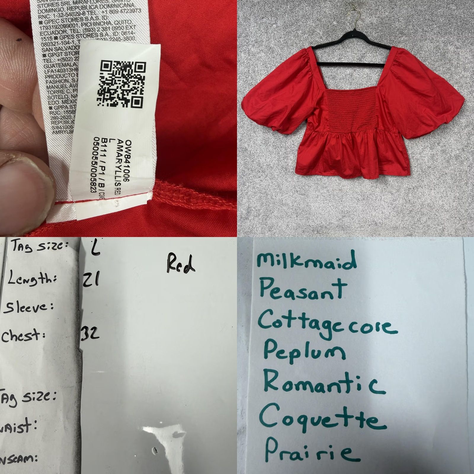 Old Navy Old Navy Cropped Blouse L Red Puff Sleeve Square Neck Ruffle Bohemian Peasant Cottagecore Spring Summer Fall Womens Size L / US 10 / IT 46 - 8 Thumbnail
