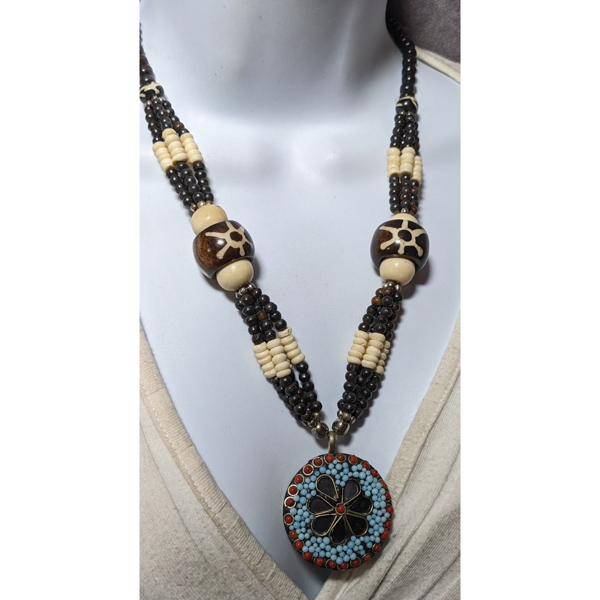 Other Vintage Handmade Beaded Ethnic Wood Metal And Glass Medallio Size ONE SIZE - 4 Thumbnail
