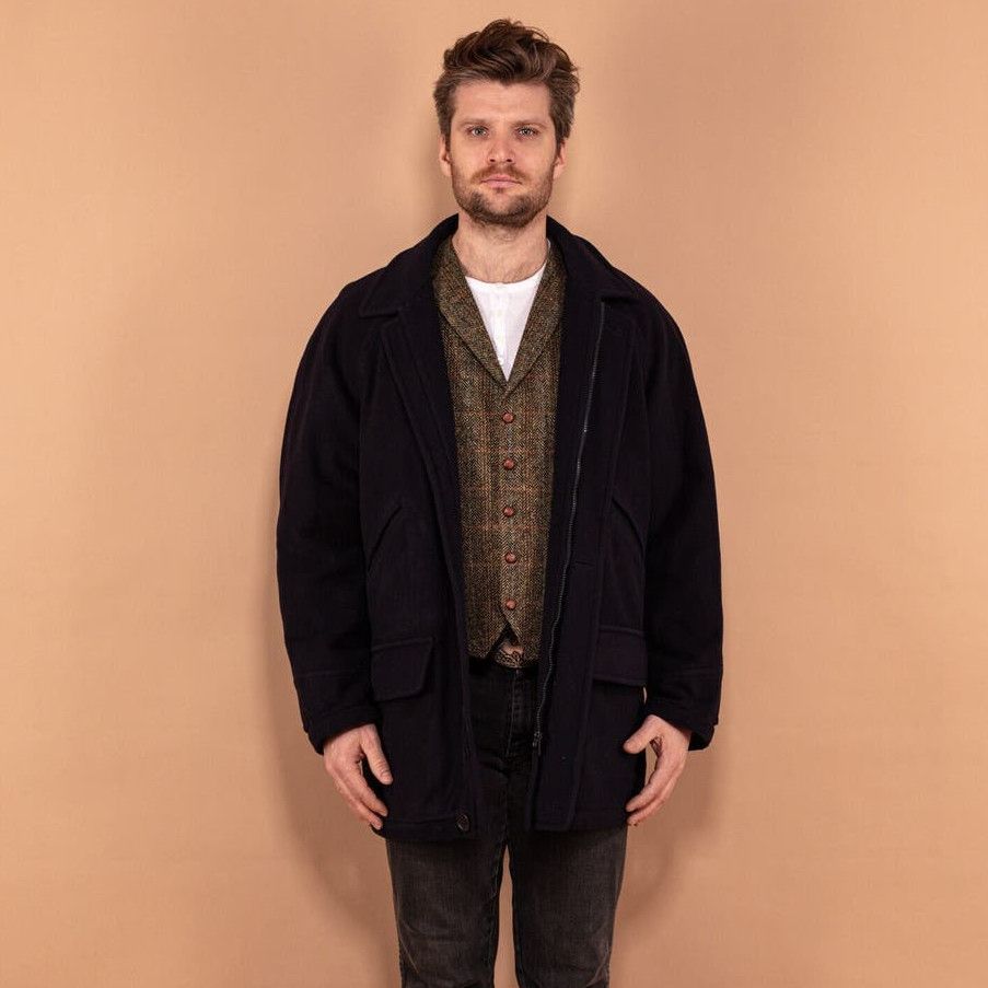 image of Vintage 90's Men Wool And Cashmere Coat In Dark Blue (Size Large)