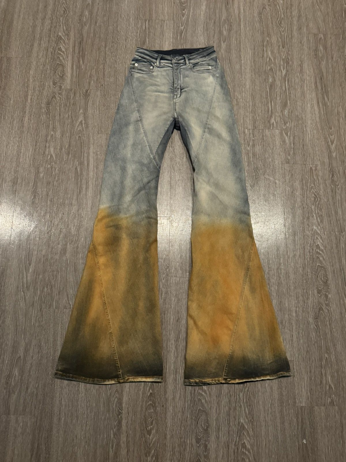 Pre-owned Rick Owens Sample Sky Orange Degrade Bias Bootcut Jeans 31 In Blue