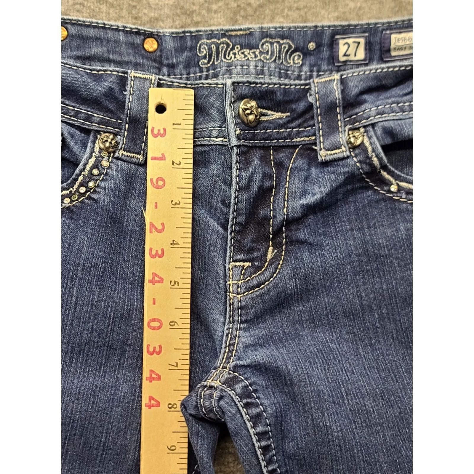 Miss Me Miss Me Jeans Womens 27x32 Regular Boot Mid Rise Distressed Stretch Denim Blue 5-Pocket Design Cowboy Western Y2K Mens? Size 27" / US 4 / IT 40 - 4 Thumbnail
