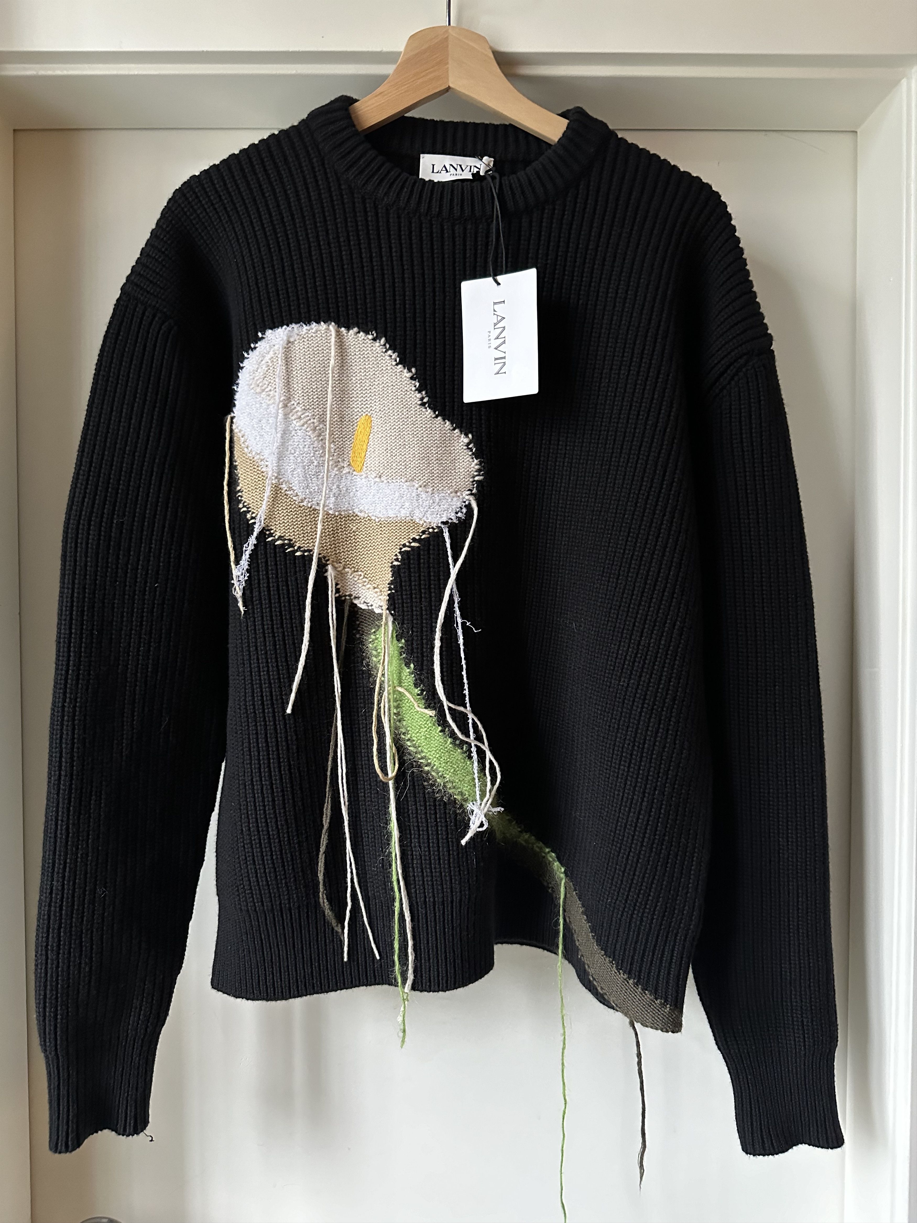 image of Lanvin Floral Intarsia Knit Crewneck Sweater in Black, Men's (Size Medium)