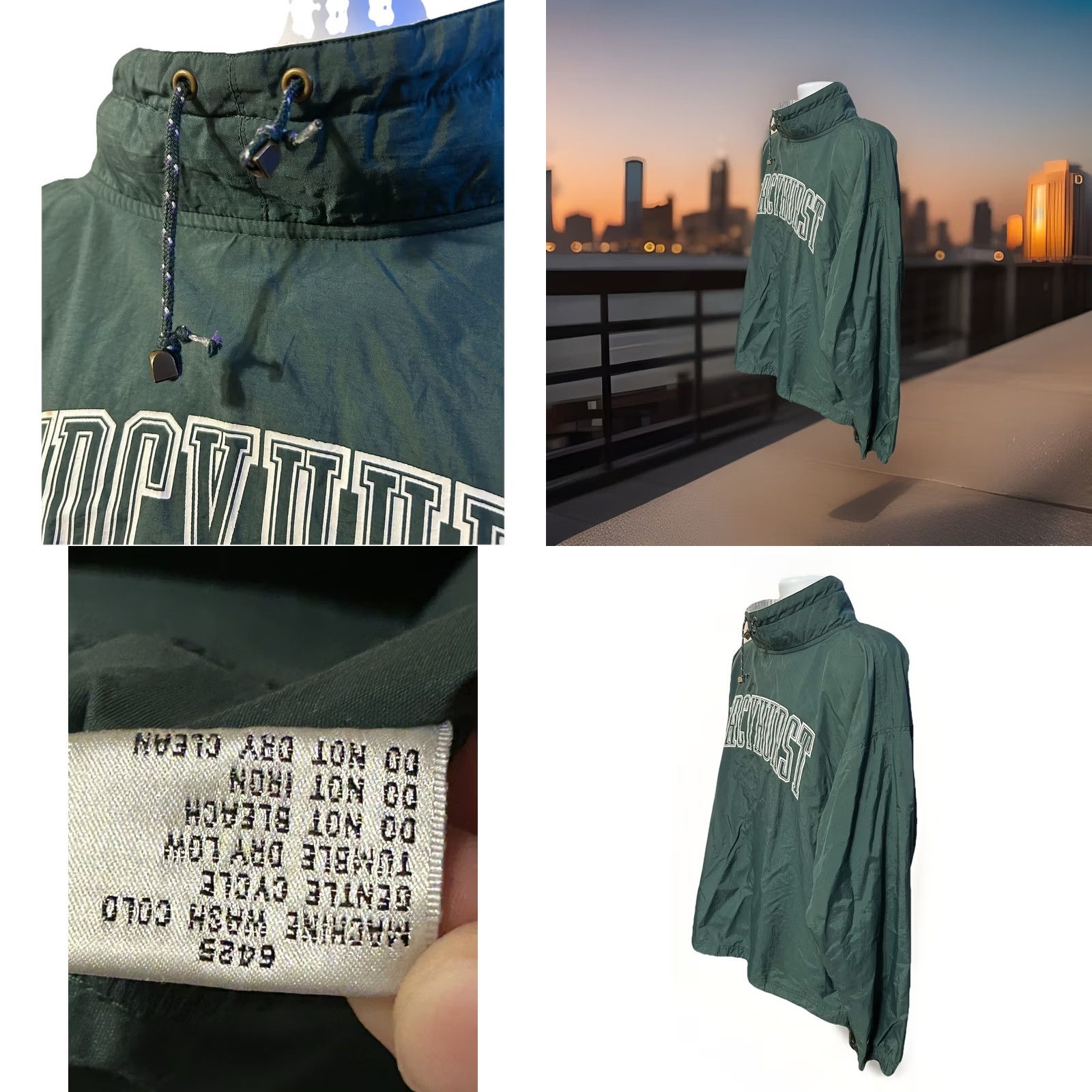 Vintage VTG Mercyhurst University Pullover Windbreaker Unisex Adults 2XL Green Mock Neck Nylon Jacket Mid-Length Solid Centered Chest 64 In Classic Fit Size US XXL / EU 58 / 5 - 8 Thumbnail