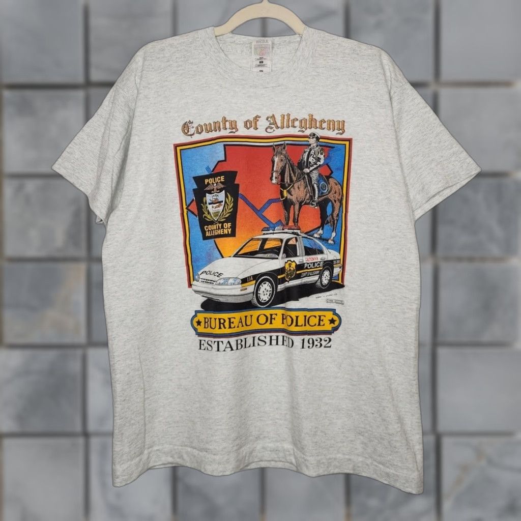 Fruit Of The Loom VINTAGE Allegheny Bureau Police Art Car Horse Gray Large Shirt Unisex Adults 90s Size US L / EU 52-54 / 3 - 1 Thumbnail
