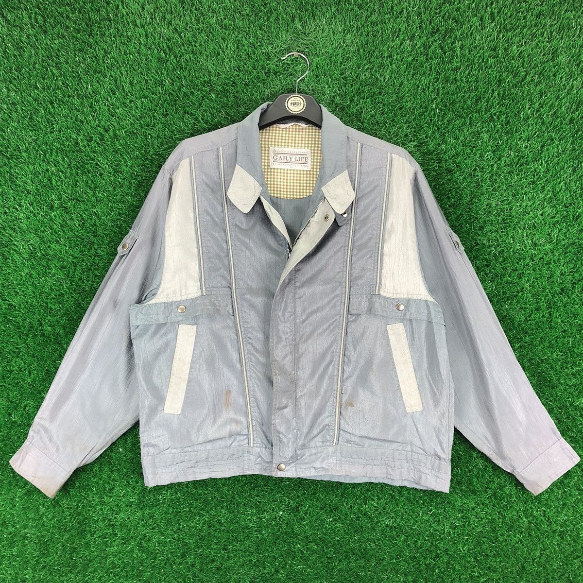 image of Vintage 80's Rayon Zipper Jacket Two Toned Color By Gaily in Light Blue, Men's (Size Medium)