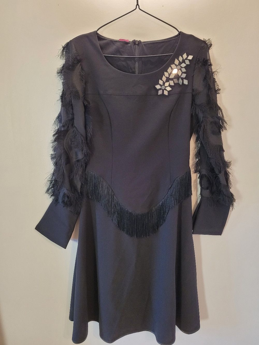 Other Save The Queen Black Long Sleeve Fringe & Feather Dress - S Size S / US 4 / IT 40 - 1 Thumbnail