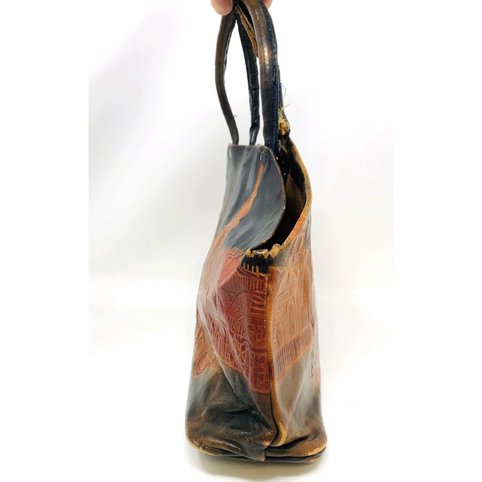 Ford VINTAGE Handmade Embossed Tooled 1953 Ford Scene India Art Leather Bag J21 Size ONE SIZE - 3 Thumbnail