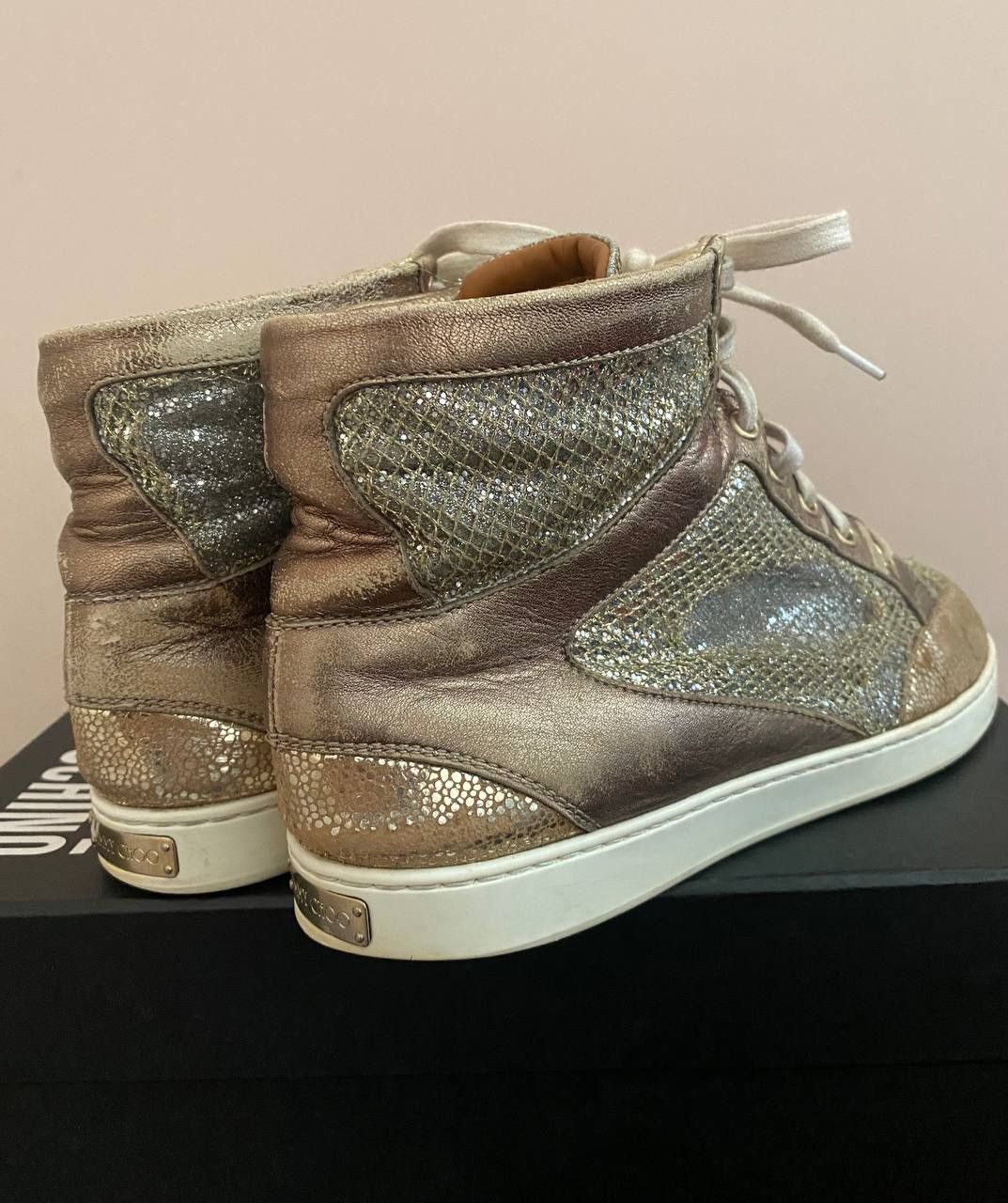 Jimmy Choo Jimmy Choo Metallic Gold Leather And Glitter Miami High Top Size US 8 / IT 38 - 7 Thumbnail