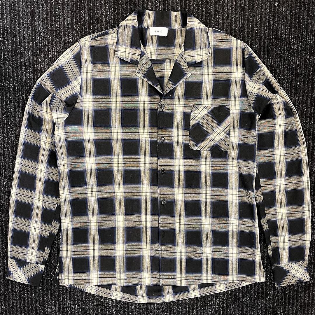 image of Rhude Blue Grey White Flannel Shirt, Men's (Size XL)