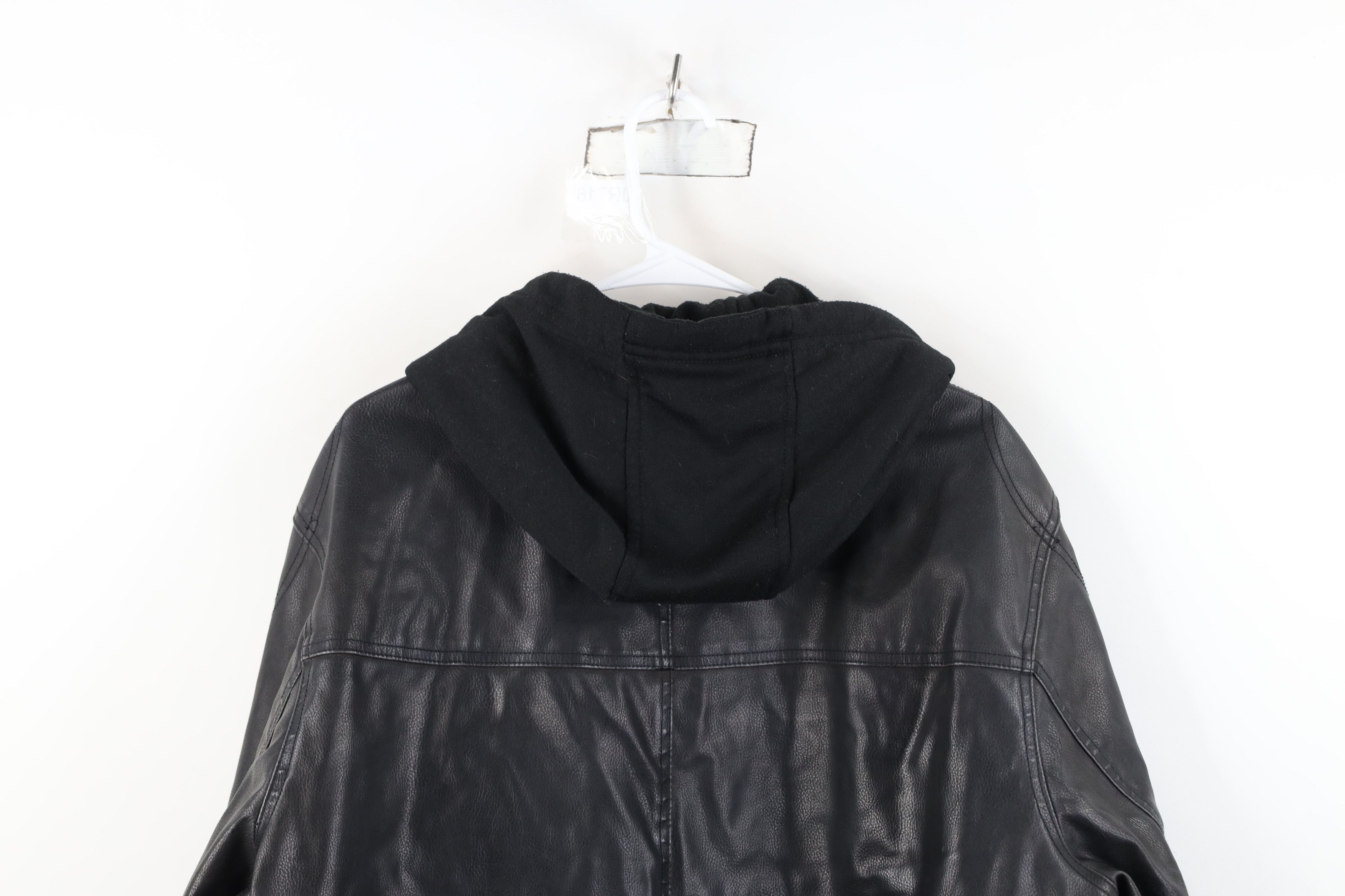 Vintage Vintage 90s Y2K Streetwear Hooded Leather Jacket Black Size US XL / EU 56 / 4 - 13 Thumbnail