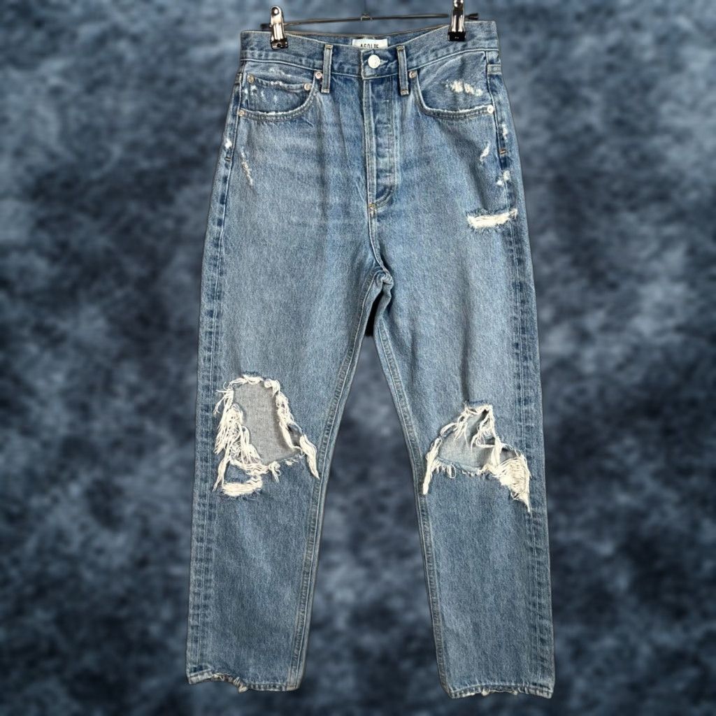 Agolde AGOLDE 90s Jeans Distressed High-Rise Relaxed Fit 100% Cotton Light Blue Size 25 Womens Jeans 90s Theme Vintage Distressed 5-Pocket Blue Size 42" / US 20 - 1 Thumbnail