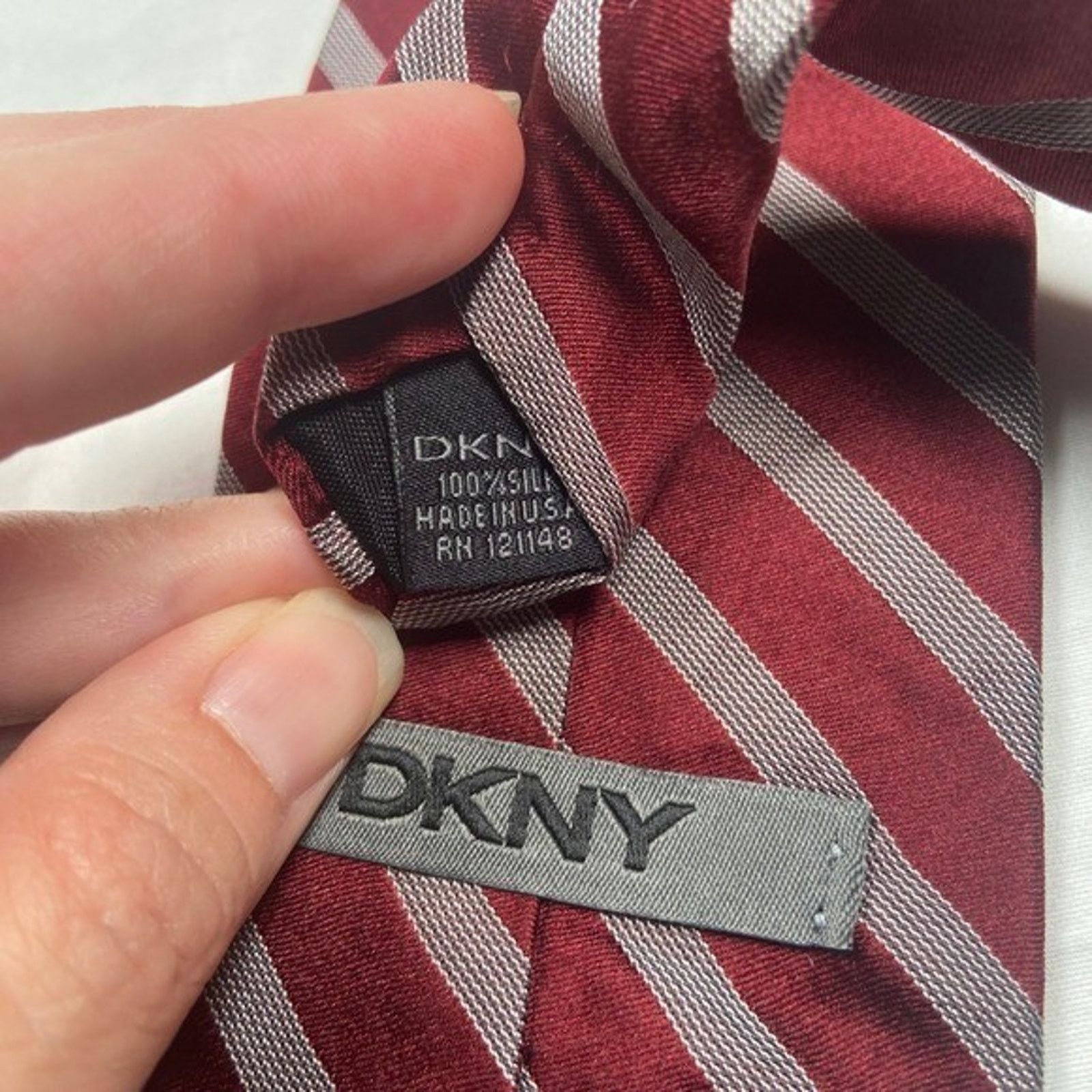 DKNY DKNY Striped Necktie Burgundy Red Gray Silk Business Career Size ONE SIZE - 2 Thumbnail