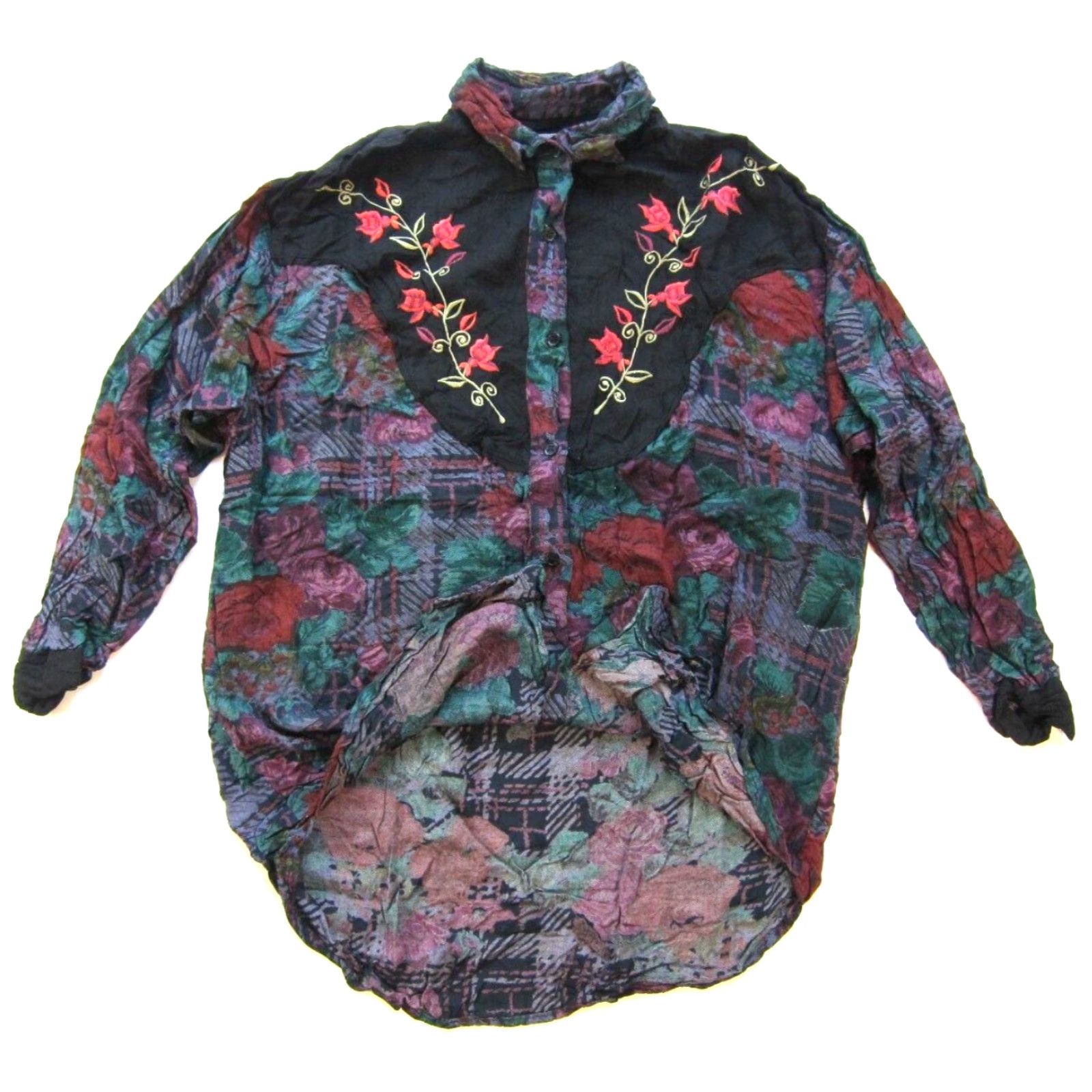SOREL Vtg Sorrel International Floral Plaid Rayon Collar Button Up Blouse Woman Large Size L / US 10 / IT 46 - 6 Thumbnail