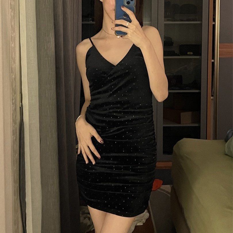 Forever 21 FOREVER 21 Black Velvet Ruched V Neck Rainbow Mini Dress Size S / US 4 / IT 40 - 1 Thumbnail