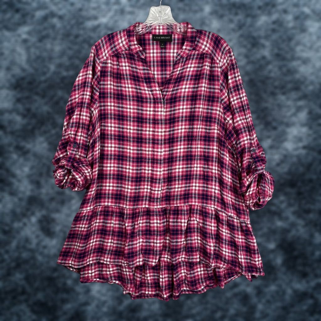 Vintage Lane Bryant Top Womens 14 Pink Plaid Rayon Flannel Button-Up Shirt Long Sleeve Collared Heather Pink Womens 14 Lane Bryant Size XL / US 12-14 / IT 48-50 - 1 Thumbnail