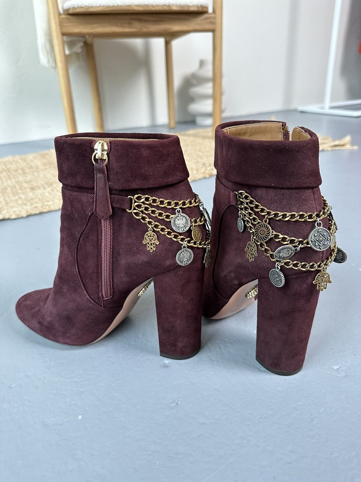 image of Aquazurra X Naty Abazcal Ankle Suede Boots in Burgundy, Women's (Size 8)
