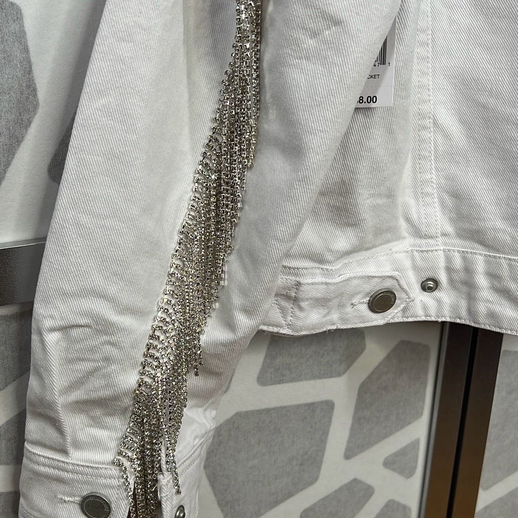 BLANKNYC Blank NYC White Denim Rhinestones Fringe Jacket NWT S Size S / US 4 / IT 40 - 13 Thumbnail