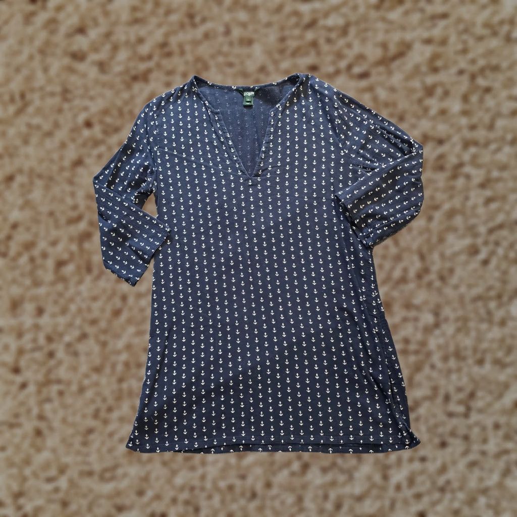 J.Crew J.CREW Top Womens Medium Blue White Anchor Nautical Coastal Beach Tunic Gauze Shirt Blouse Casual Knit 3/4 Sleeve V-Neck Size M / US 6-8 / IT 42-44 - 1 Thumbnail