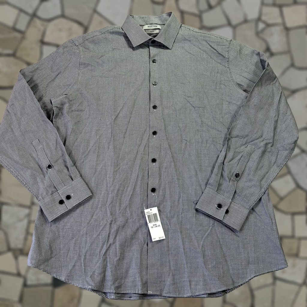 Kenneth Cole Reaction Kenneth Cole Dress Shirt Mens 16.5 34/35 Black Houndstooth Slim Dress Shirt Mens Slim 100% Cotton Long Sleeve Button Front Collared Size 46R - 1 Thumbnail