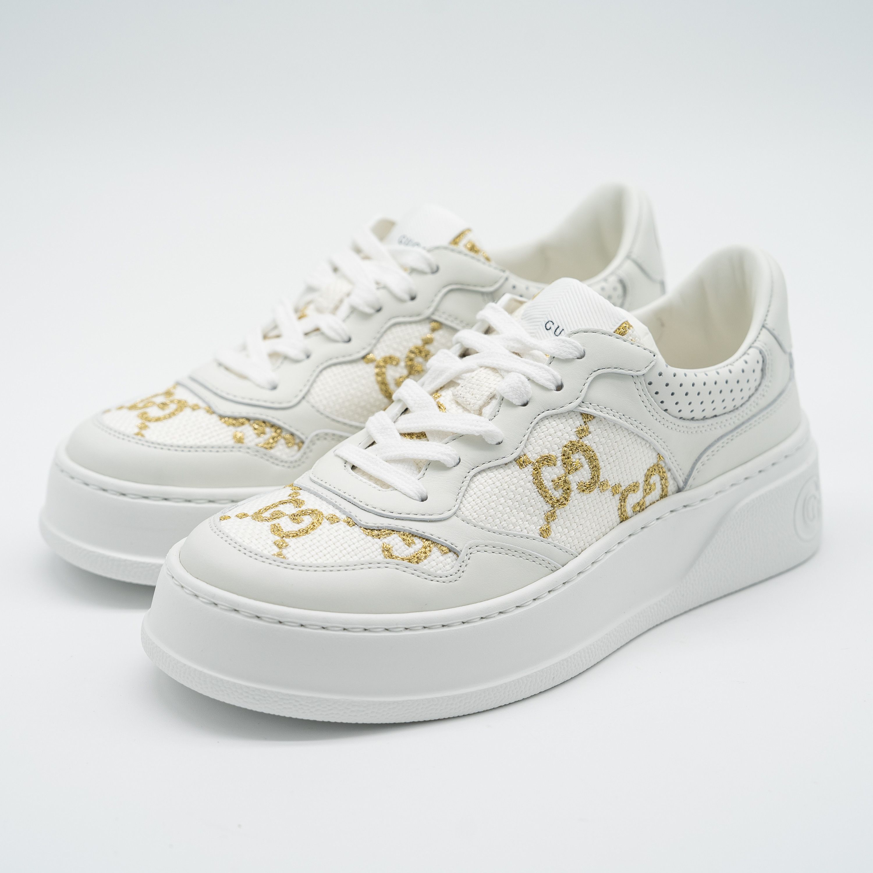 Gucci 6us Gucci GG White Gold Leather Sneakers Chunky Size US 6 / IT 36 - 1 Thumbnail