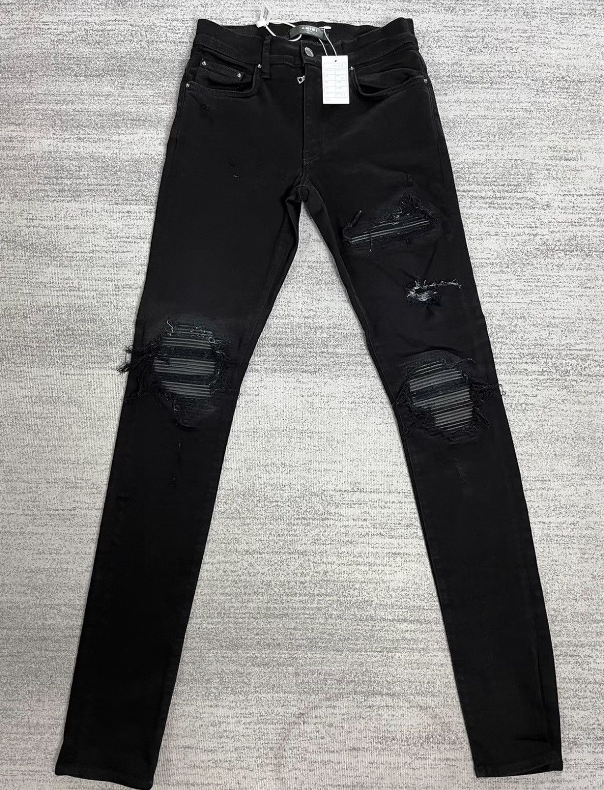 Amiri AMIRI Knee Patch Leather Black Destroyed Jeans Size US 29 - 1 Thumbnail
