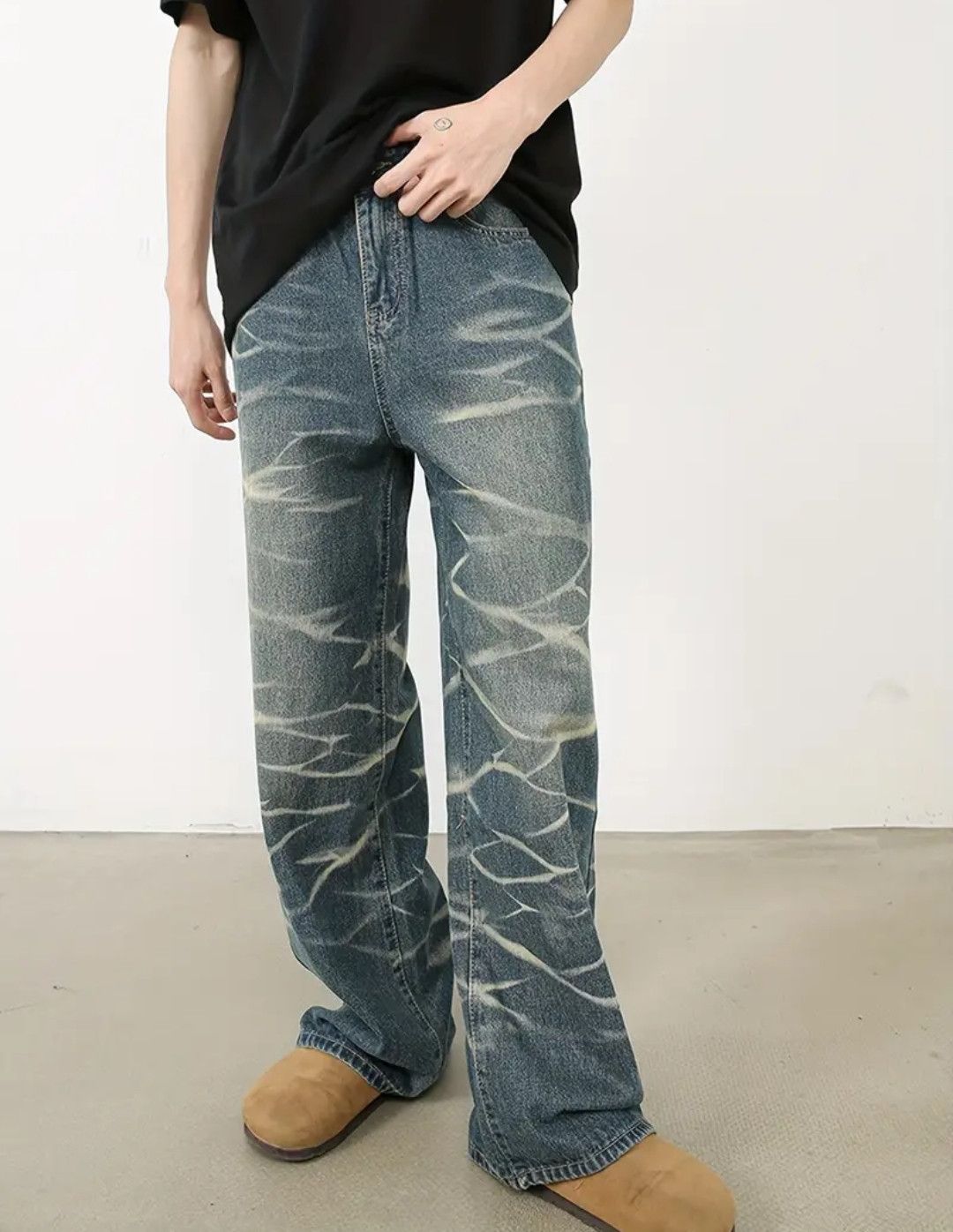 Retro Loose Straight Leg Wave Fade Denim Jeans