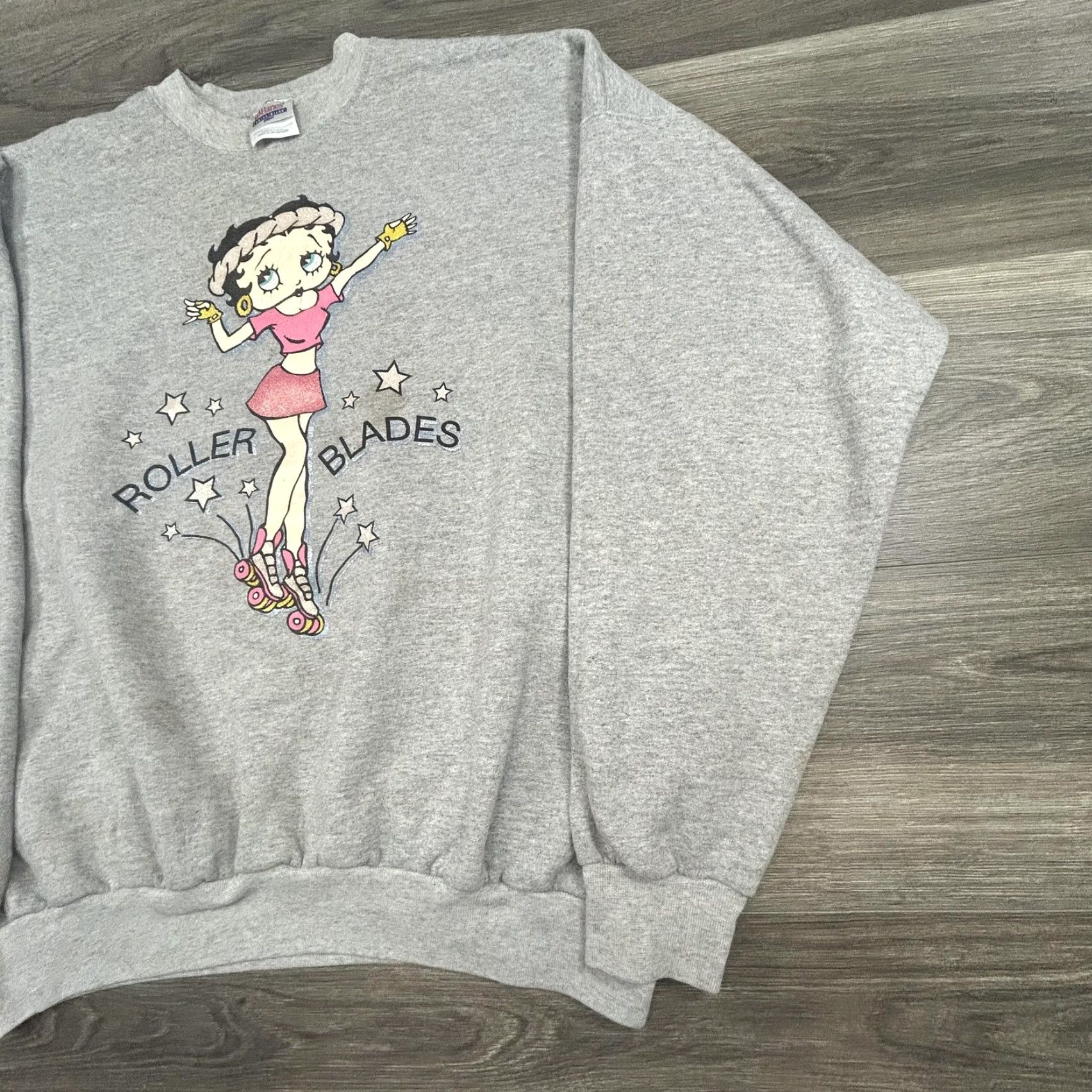 Hanes Vintage Betty Boop Roller Blades Sweatshirt Men XL Gray Glitter Graphic 90s Hanes Crew Neck Pullover Fleece Cotton Blend Size US XL / EU 56 / 4 - 4 Thumbnail