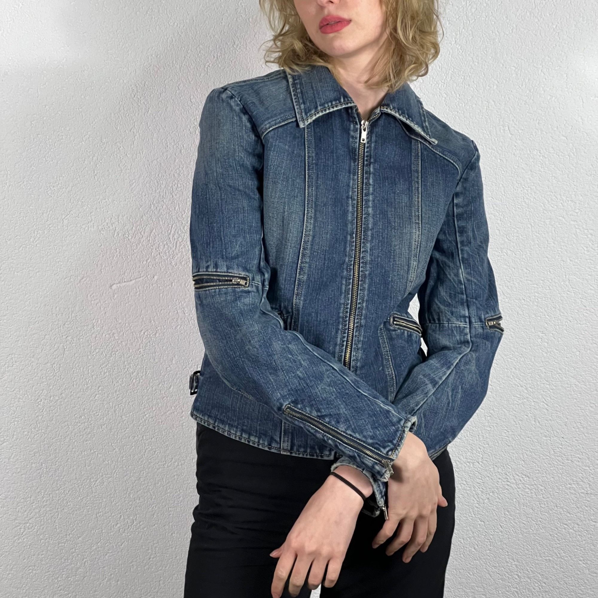 image of Cool Denim Jacket With Zippers in Navy, Women's (Size Small)