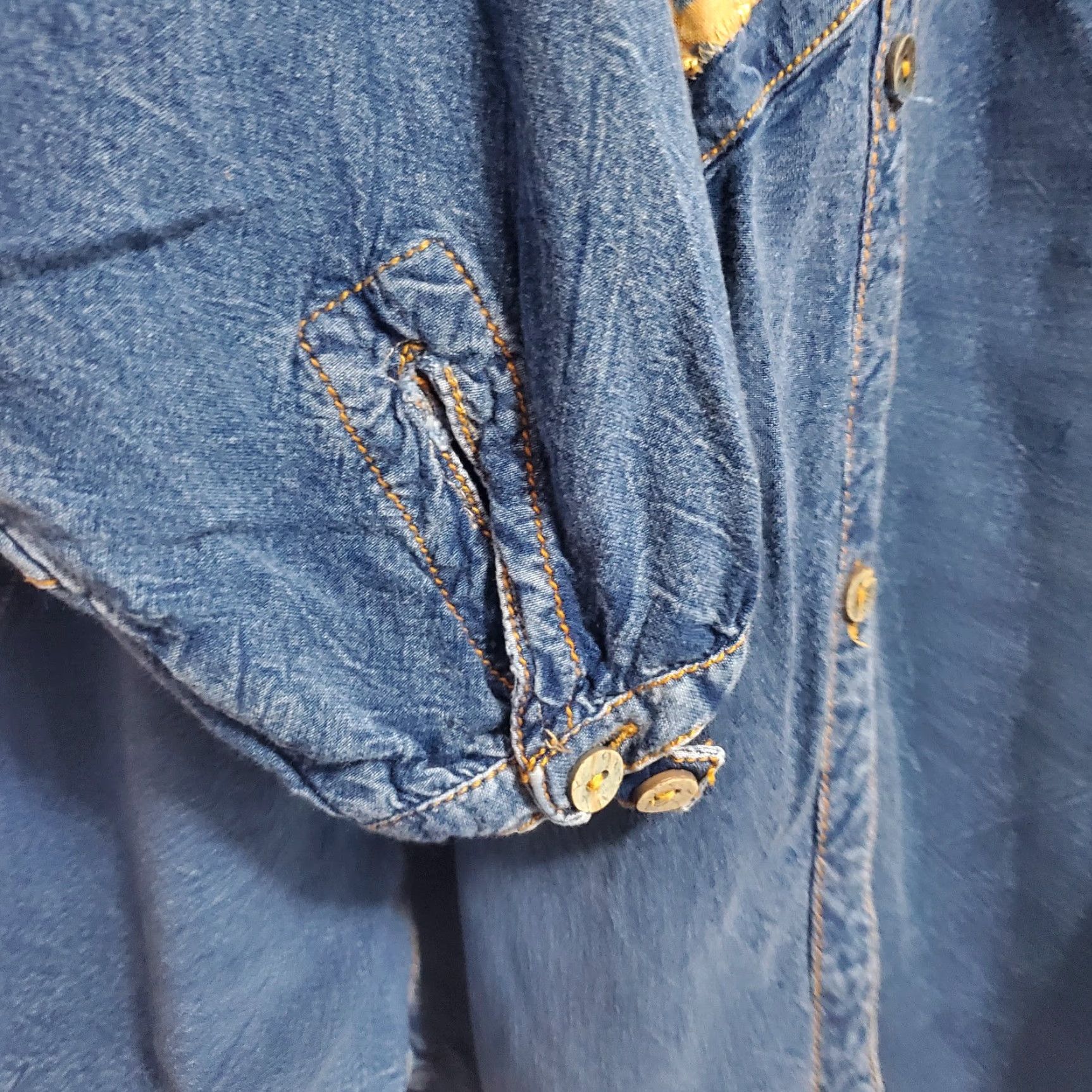 Vintage Sacred Threads Shirt Women M Blue Chambray Patchwork Southwestern Oversized Button Up Kokopelli Rhinestone Size M / US 6-8 / IT 42-44 - 7 Thumbnail