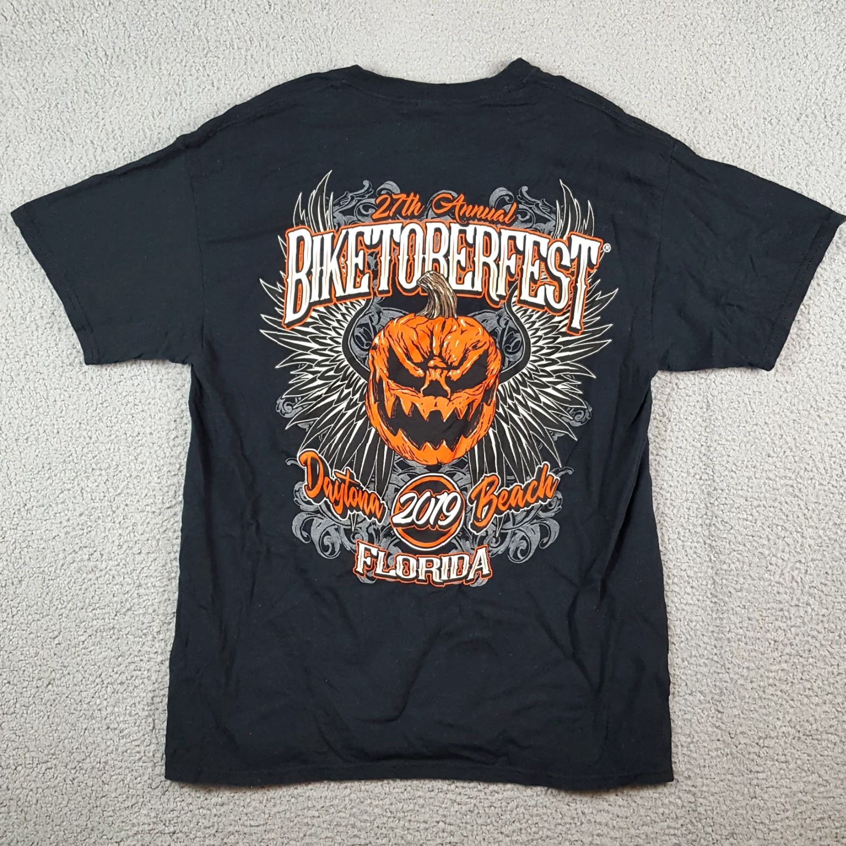 Gildan Octoberfest Daytona Beach Pumpkin Skull Angel Wings Size L Biker Black T Shirt Size US L / EU 52-54 / 3 - 4 Thumbnail