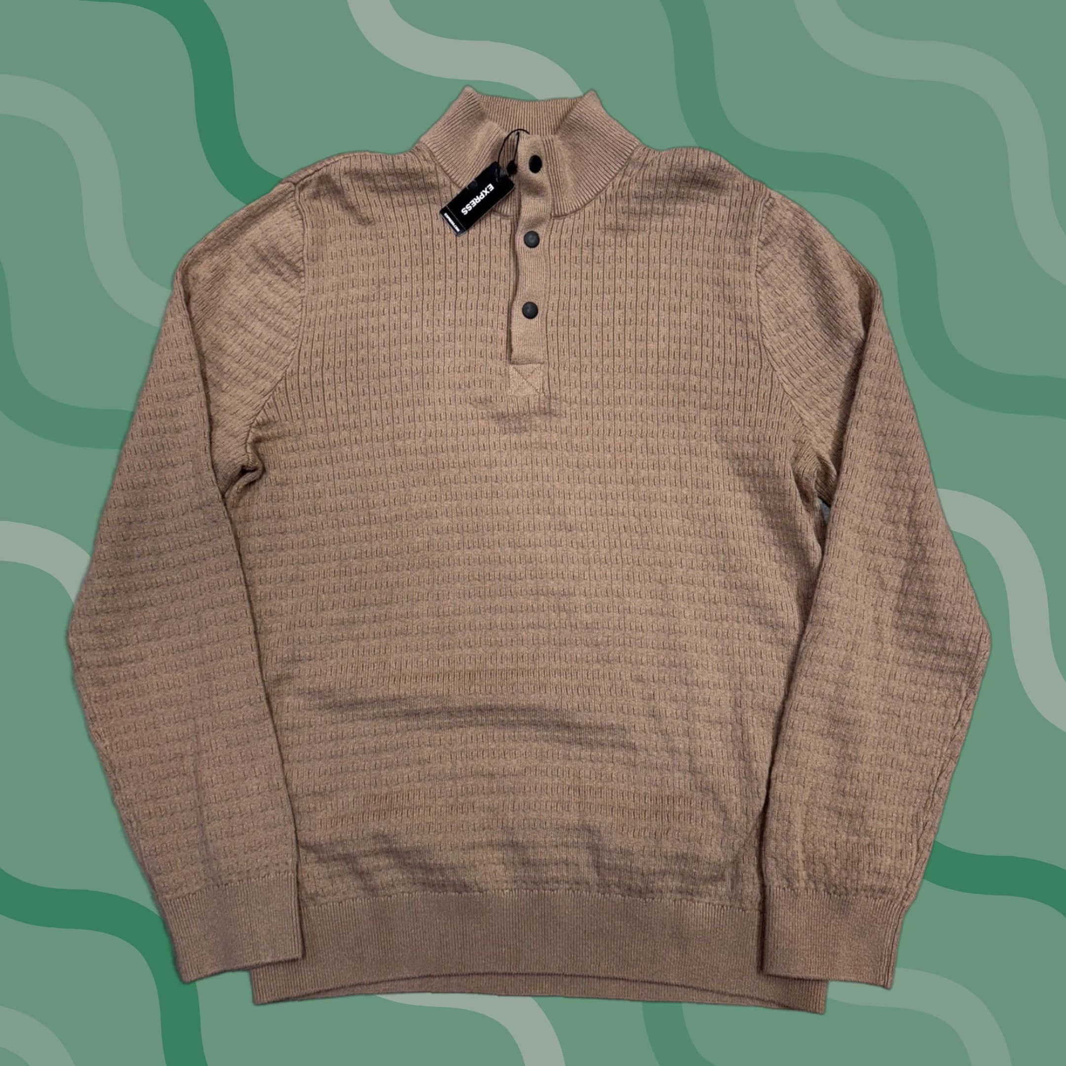 Express Express Sweater Mens Large Brown Waffle-Knit Mock Neck Henley Cotton Size US L / EU 52-54 / 3 - 1 Thumbnail
