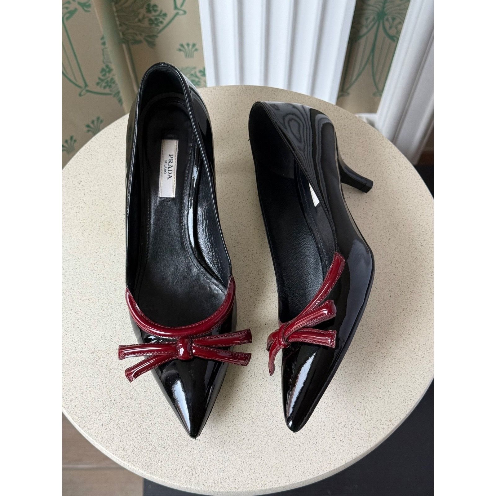 Prada Prada Bow Burgundy Patent Leather Pointed Toe Heels Size: 37 Size US 7.5 / IT 37.5 - 1 Thumbnail