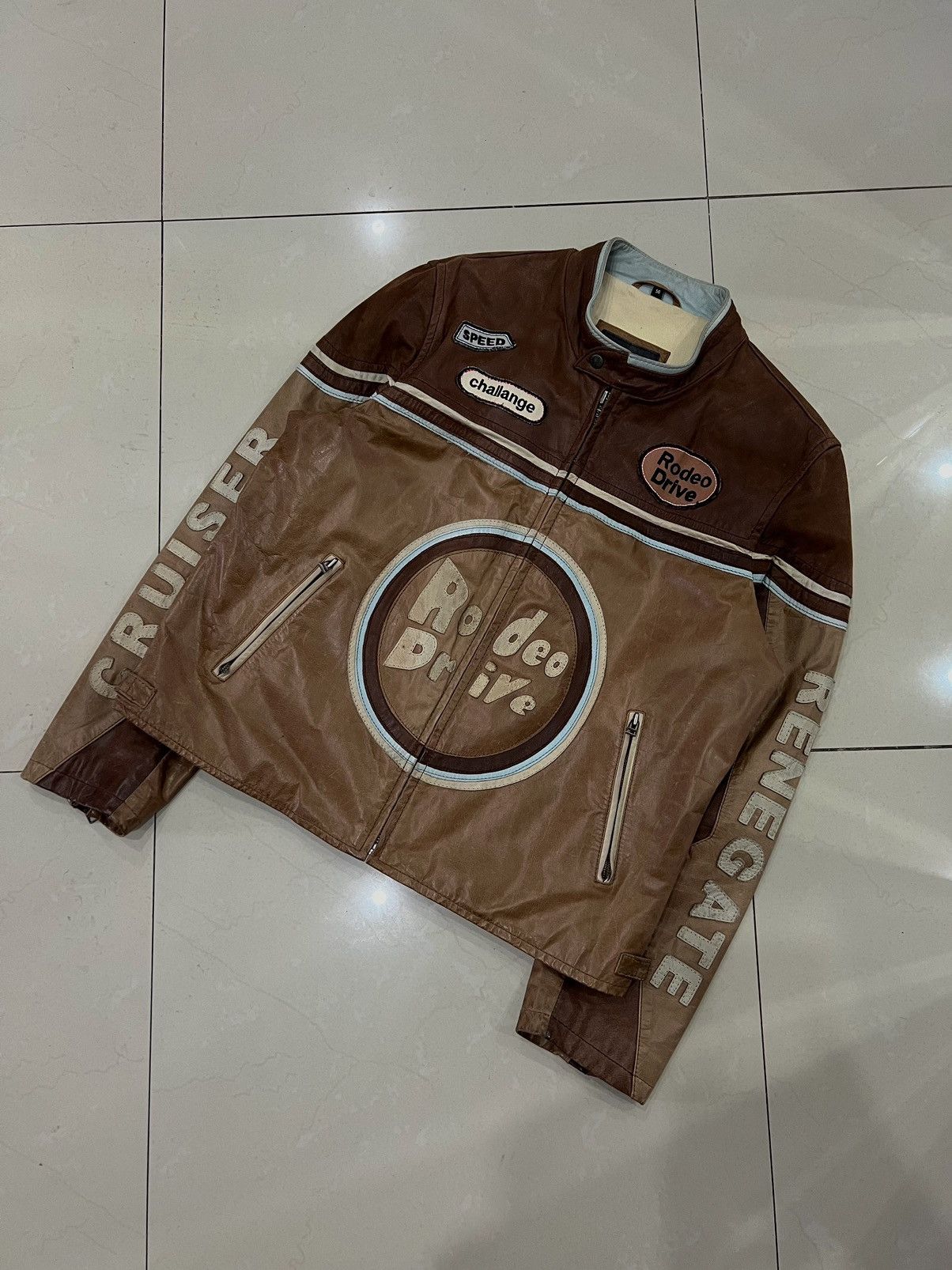 Image of J Lindeberg x Racing Vintage Rodeo Drive Racing Leather Jacket in Brown, Men's (Size XL)