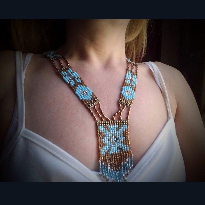Handmade Necklace Long Native American Ethnic Blue/Gold Size ONE SIZE - 6 Thumbnail