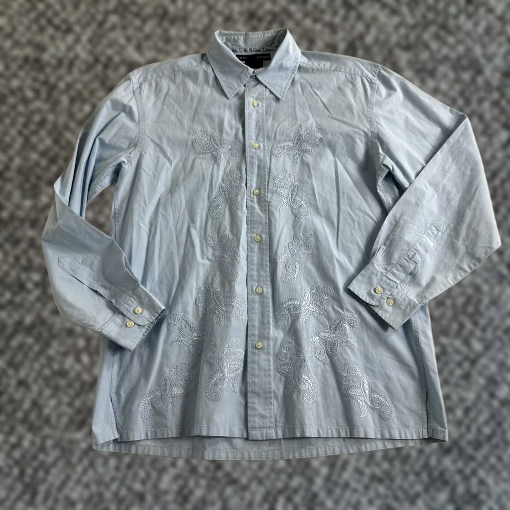 Tommy Hilfiger Tommy Hilfiger Dress Shirt Button-Up Vintage Fit Embroidered Long Sleeve Size M Blue Men Shirt Size 40R - 1 Thumbnail