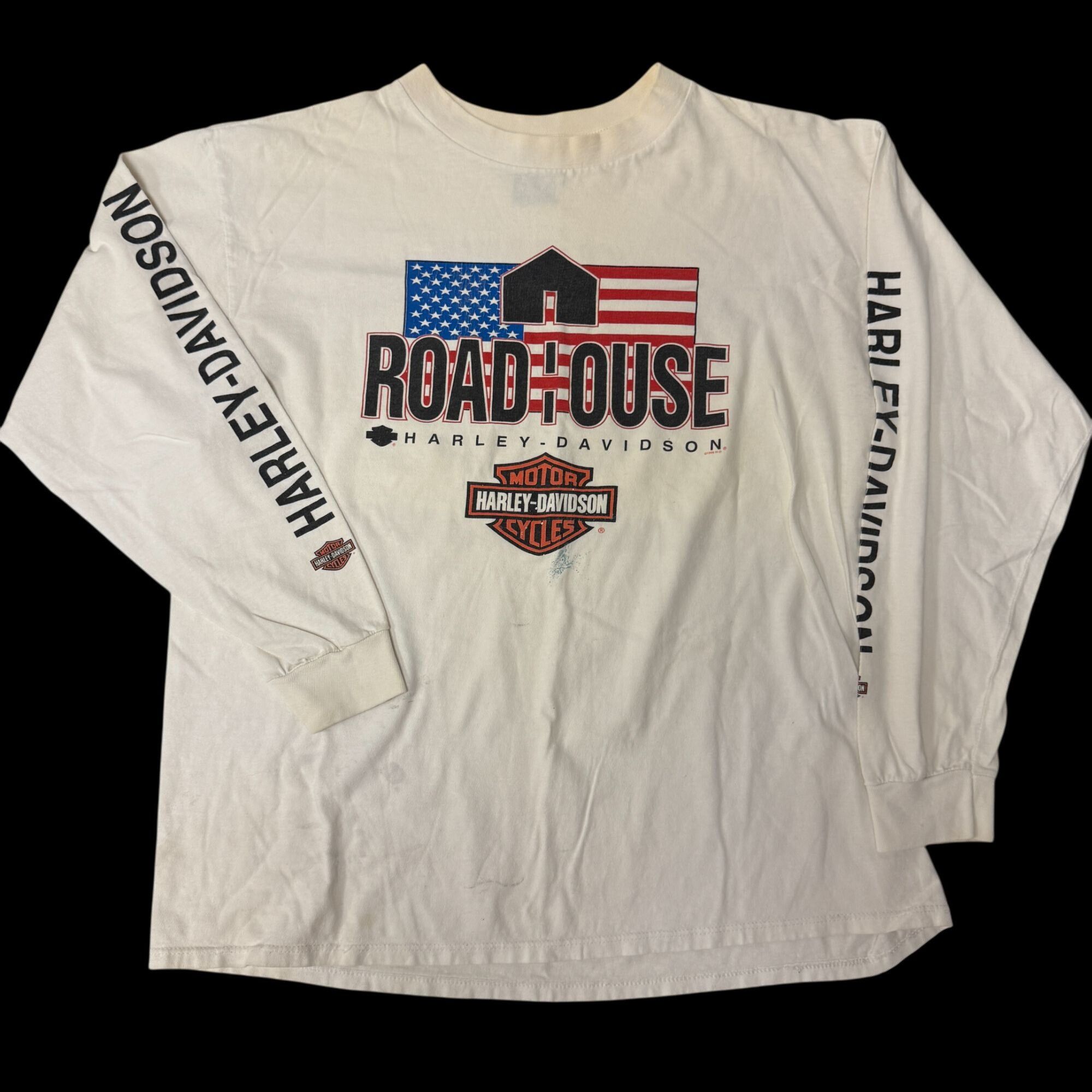 Harley Davidson 90's H-D USA FLAG L/S Spellout Milwaukee WI ROAD HOUSE 1999 Size US XL / EU 56 / 4 - 2 Thumbnail