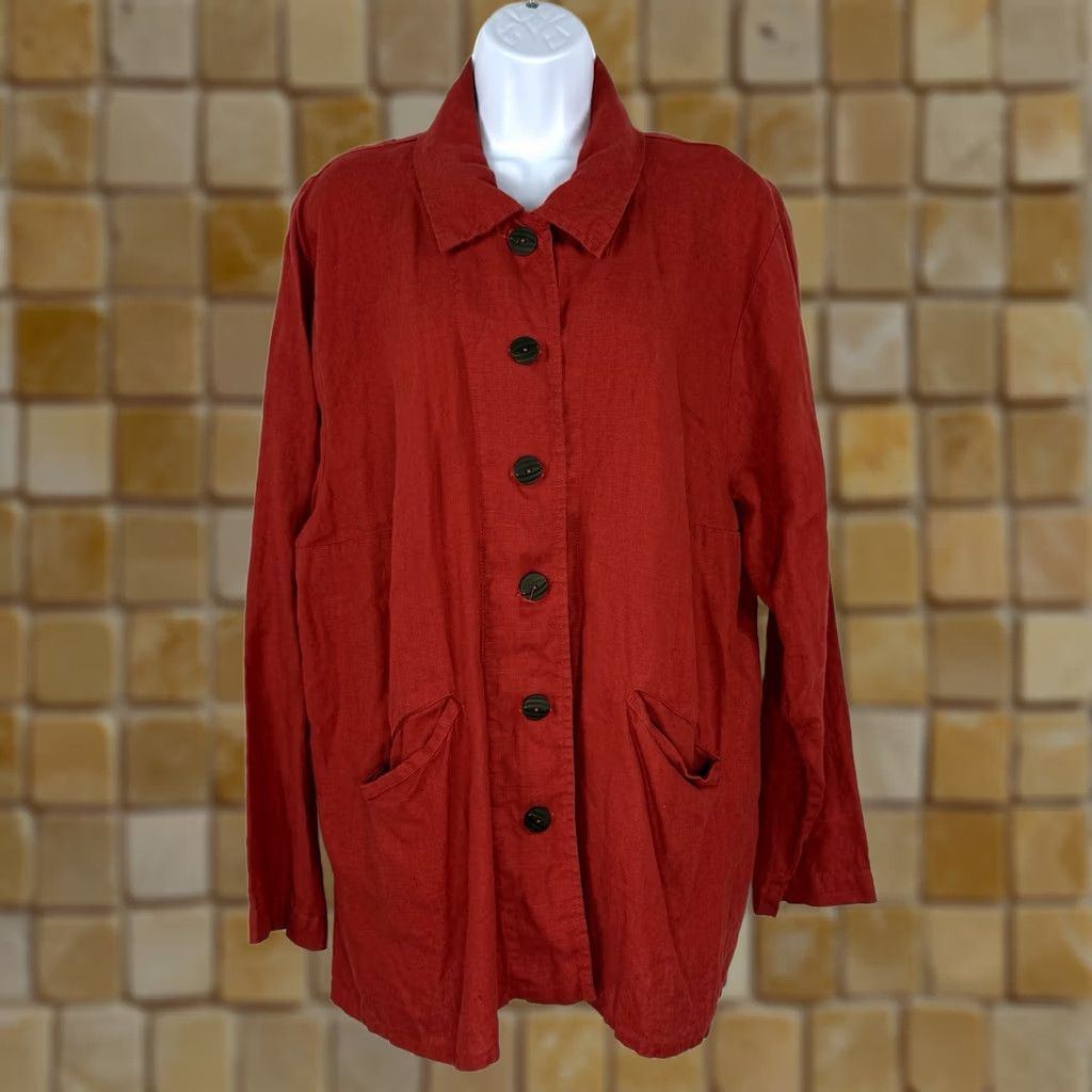 FLAX VINTAGE Flax Shirt Womens 1X Button-Up Linen Red Long Sleeve Collared Pockets 100% Linen Relaxed Fit Size XL / US 12-14 / IT 48-50 - 1 Thumbnail
