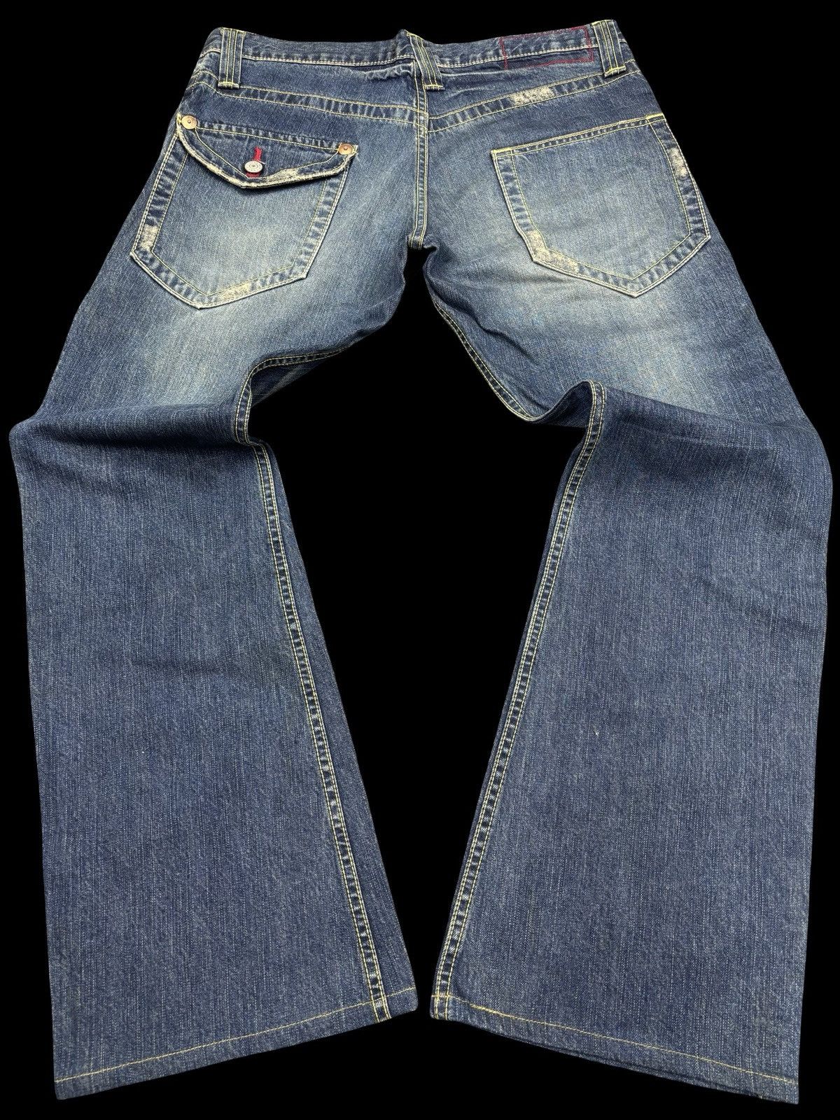 Japanese Brand 💥Super Flare💥Vintage Blue Way Flare Distressed Denim F803 Size US 34 / EU 50 - 2 Thumbnail