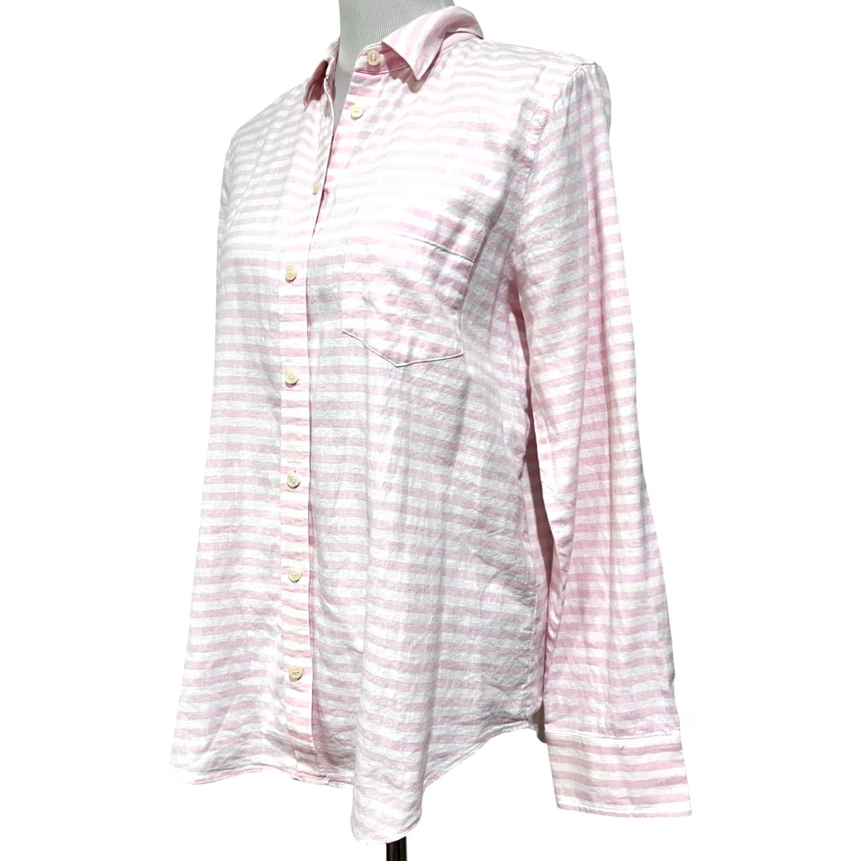 J.Crew J.Crew Women’s Linen Cotton Button-Up Pink White Stripe Long Sleeve Preppy Sz M Shirt Size M / US 6-8 / IT 42-44 - 3 Thumbnail