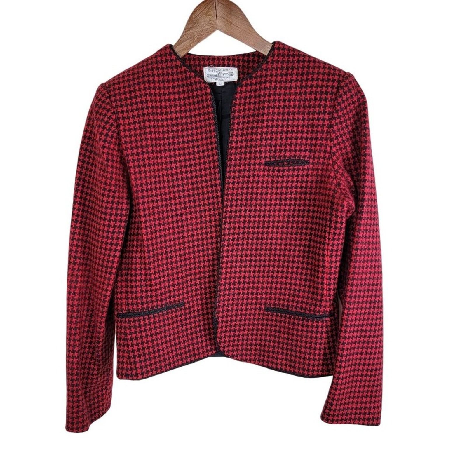 Vintage Charlotte Ford Vintage Womens Houndstooth Wool Open Blazer Size L / US 10 / IT 46 - 1 Thumbnail