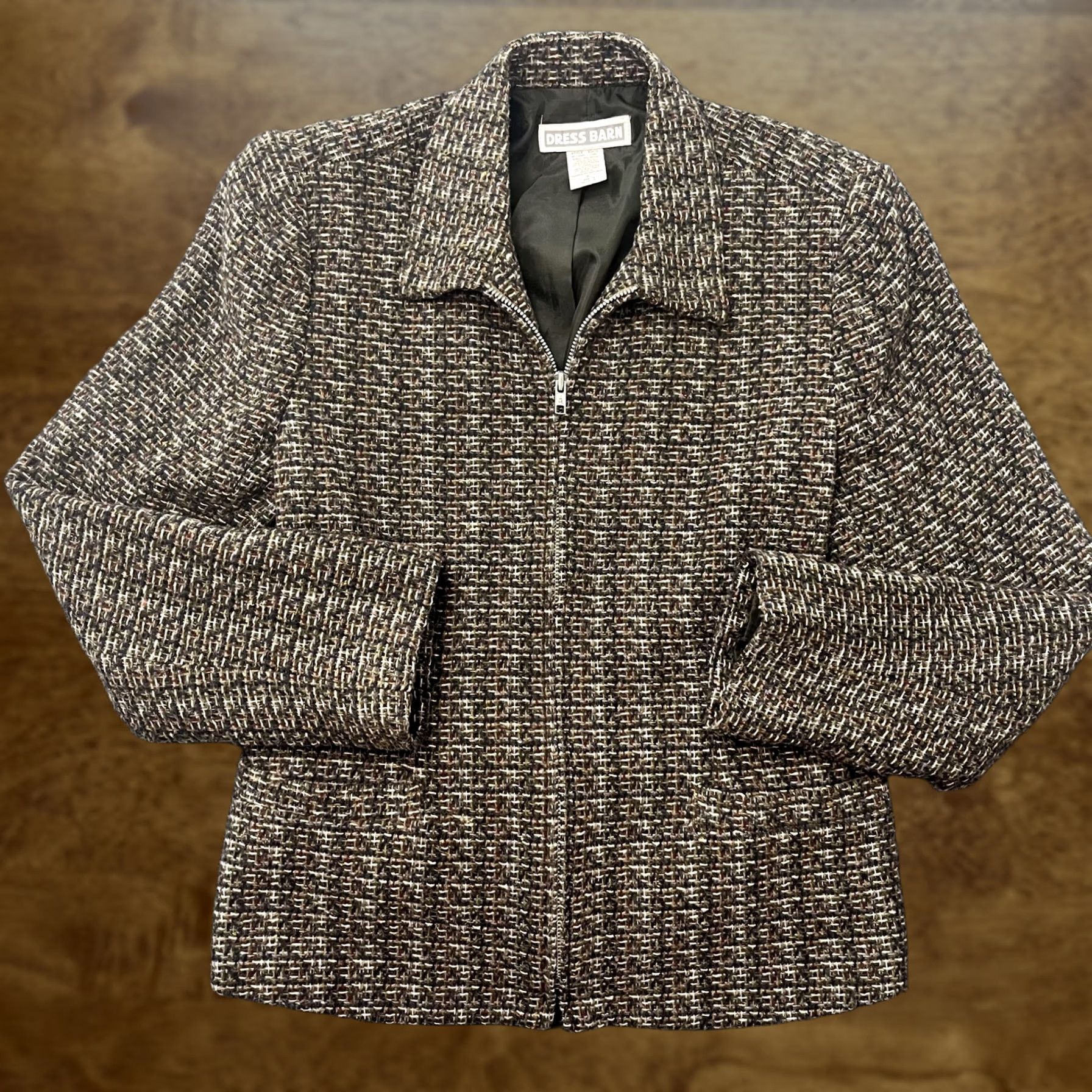 Vintage VINTAGE Dressbarn Blazer Jacket Womens 8 Brown Tweed Wool Blend Zip Front Lined Size M / US 6-8 / IT 42-44 - 1 Thumbnail