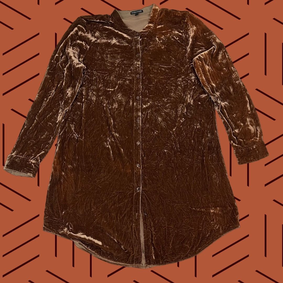 Eileen Fisher Eileen Fisher Tunic Top Womens L Brown Velvet Silk Blend Button Front Minimalist Size L / US 10 / IT 46 - 1 Thumbnail