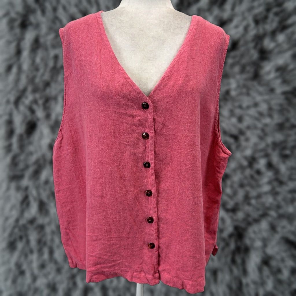 Vintage Kiko Women Tank Top Sz 3X Plus Pink Linen Sleeveless V-Neck Button Front Casual Lagenlook Summer Spring Size XXL / US 16-18 / IT 52-54 - 1 Thumbnail