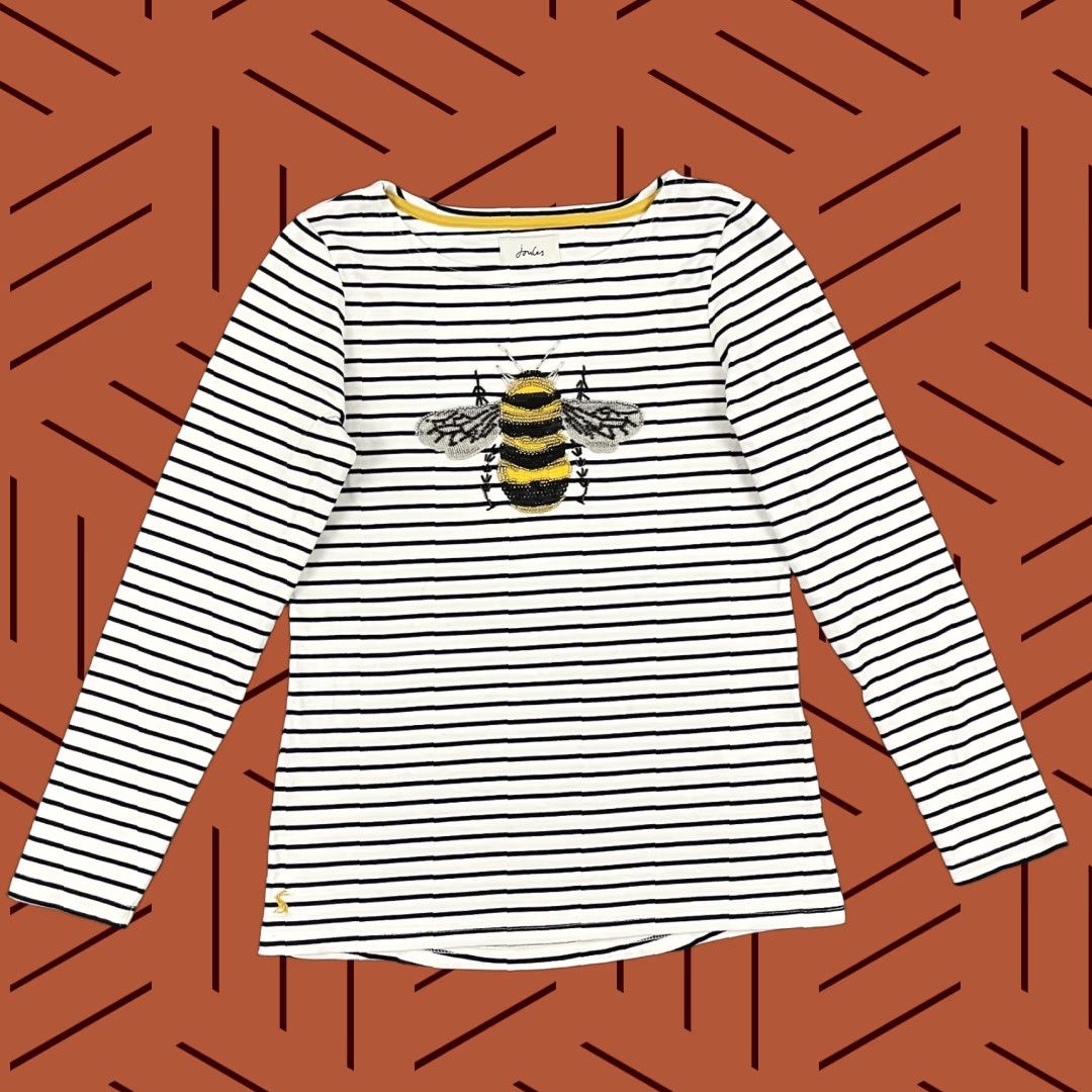 Vintage Joules Shirt Women US 6 Striped Beaded Bumble Bee Embellished Jersey Crew Neck Long Sleeve White Womens Size M / US 6-8 / IT 42-44 - 1 Thumbnail