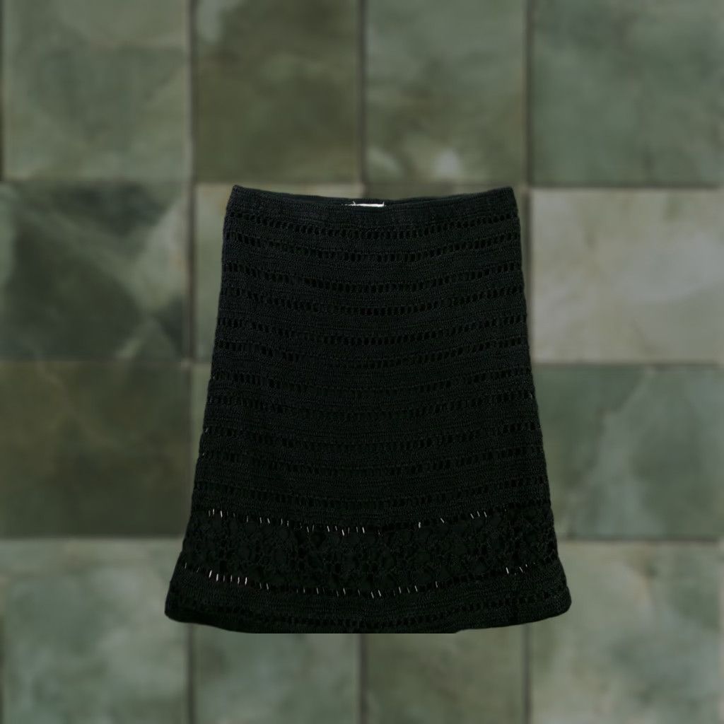 Vintage VINTAGE Krochetta & Papillon Black Crochet Knit Skirt L Lace Hem Cotton Midi Bohemian Womens Straight Pencil Waist Elastic Pull On Size 36" / US 14 / IT 50 - 1 Thumbnail