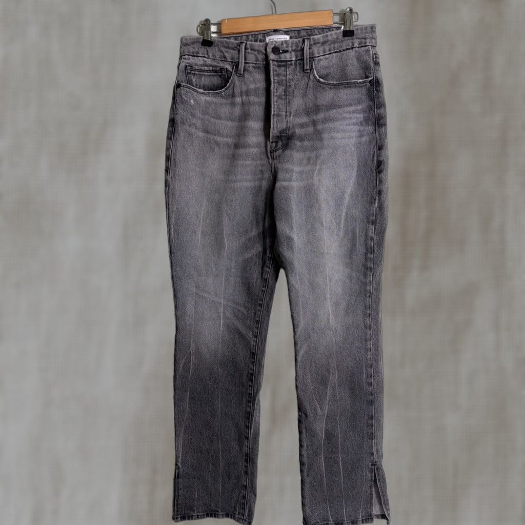 Good American Good American Jeans Womens 12 Black Twisted Slit Straight Leg 31x32 Denim Cotton Stretch 5-Pocket High Rise Modern 90s City College Size 34" / US 12 / IT 48 - 1 Thumbnail