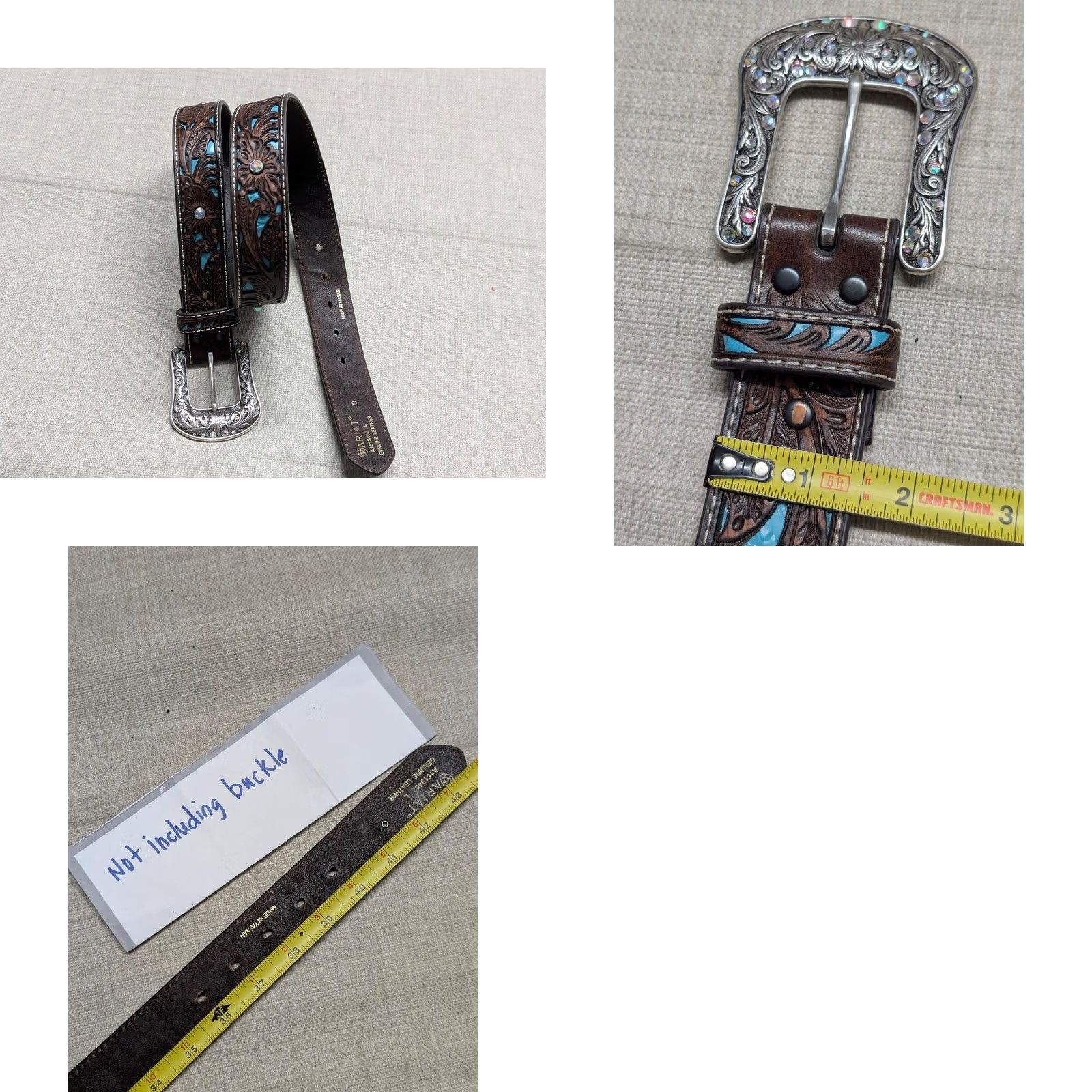 Ariat VINTAGE Ariat western belt TOOLED leather 38 brown floral cut-out rhinestone studded buckle western belt for Unisex Adults Mens Womens Size 38 - 8 Thumbnail