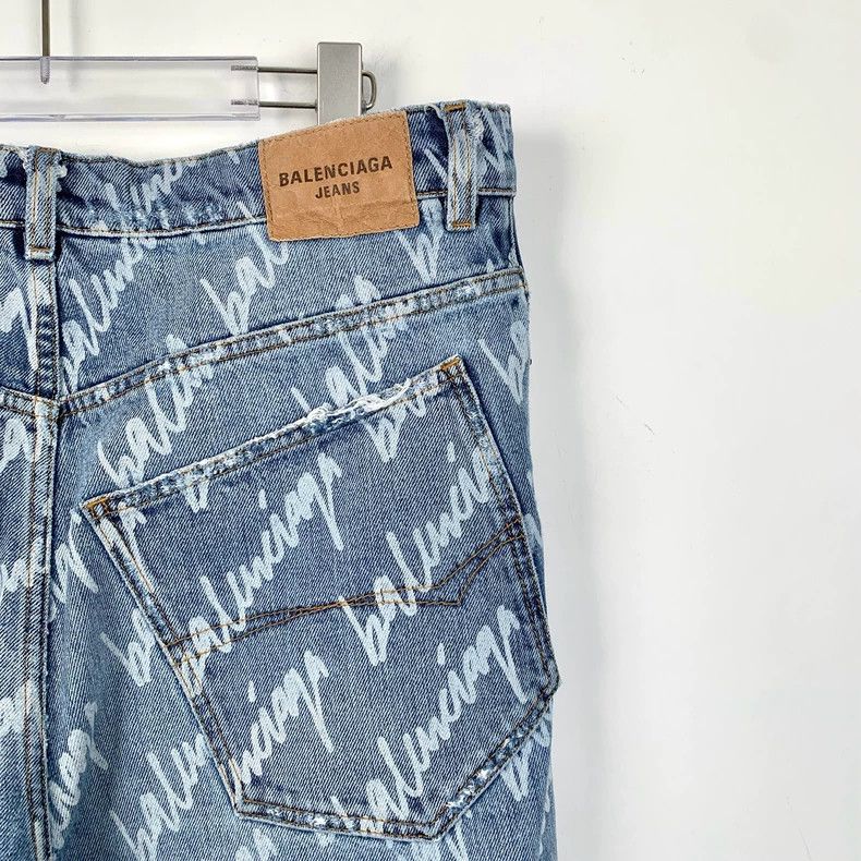 Balenciaga Balenciaga size M Light blue logo full-print cotton slacks Size US 26 / EU 42 - 6 Thumbnail