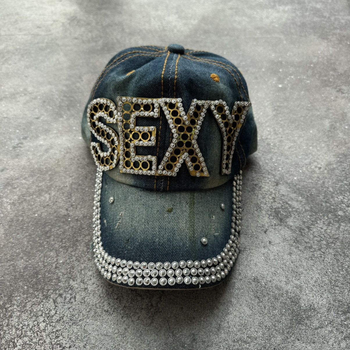 Hysteric Glamour × Japanese Brand × Vintage SEXY Rhinestones Y2K Unisex Washed Denim Cap Size ONE SIZE - 4 Thumbnail