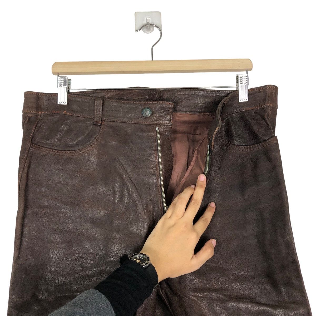 Genuine Leather 🔥Rich Brown -Genuine Leather Pants Racing Inspire RickOwens Size US 33 - 9 Thumbnail